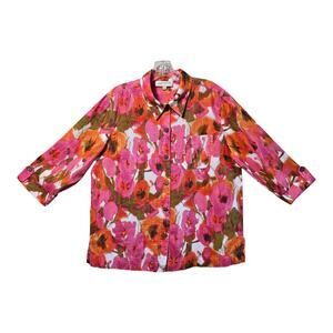 JONES NEW YORK Women's L Linen Blouse Floral Pink Orange 3/4 Sleeve Tropical 42"